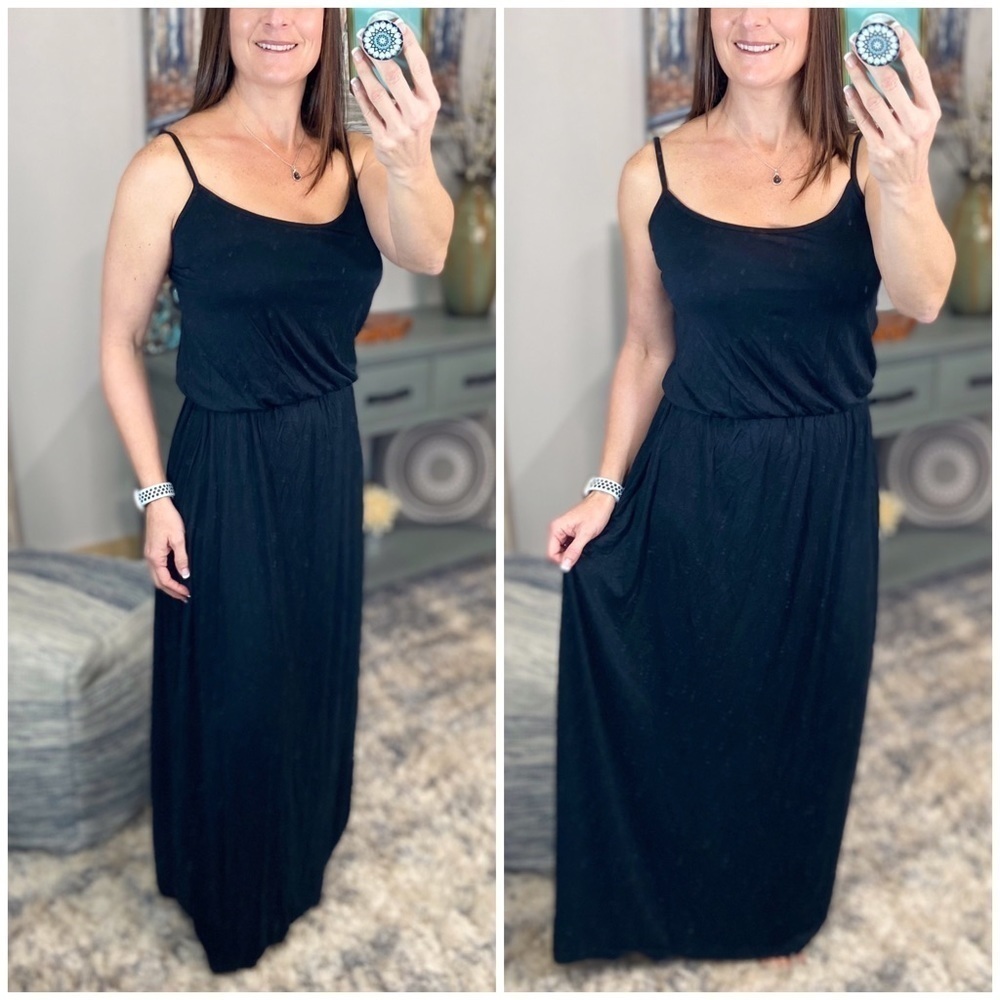 Scoop Neck Drape Elastic Waist Spaghetti Strap Tank Maxi Dress Black 1222